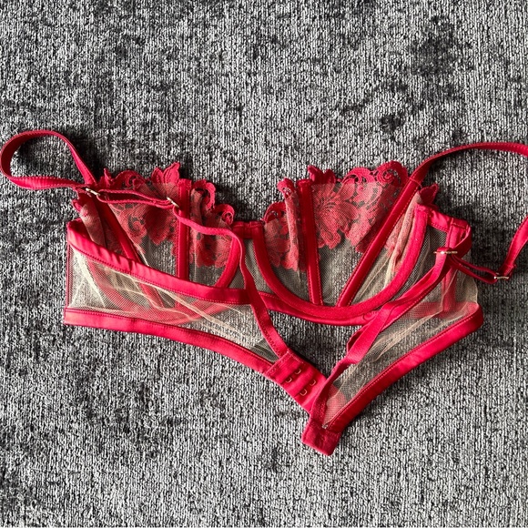 Honey Birdette Red and Cream Lace Underwire Bra - Picture 4 of 4